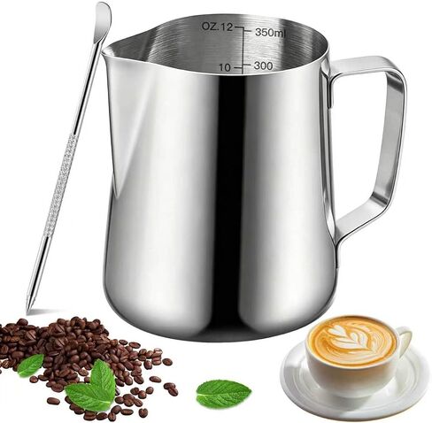 Milk Frothing Pitcher, 600ml (20oz) Milk Frother Cup Stainless Steel Jug Steaming Pitcher, Milk Coffee Cappuccino Latte Art Barista Steam Pitchers Milk Jug Cup with Decorating Pen in Saudi Arabia