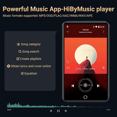 80GB MP3 Player with Bluetooth and WiFi, Oilsky 4.0" IPS Touch Screen MP3 Player with Speaker, Music Player with Spotify, Audible, Amazon Music, Deezer, MP4 Android Music Player Up to 512GB Black in Kuwait
