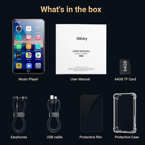 80GB MP3 Player with Bluetooth and WiFi, Oilsky 4.0" IPS Touch Screen MP3 Player with Speaker, Music Player with Spotify, Audible, Amazon Music, Deezer, MP4 Android Music Player Up to 512GB Black in Kuwait