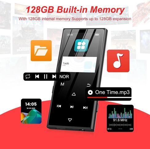 128GB MP3 Player with Bluetooth 5.3, SWOFY D50 Portable Music Player Built-in HD Speaker, FM Radio, Voice Recorder, HiFi Sound, E-Book, Earphones Included, Supports Expanded Up to 256GB Black in Kuwait