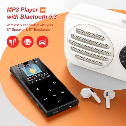 128GB MP3 Player with Bluetooth 5.3, SWOFY D50 Portable Music Player Built-in HD Speaker, FM Radio, Voice Recorder, HiFi Sound, E-Book, Earphones Included, Supports Expanded Up to 256GB Black in Kuwait