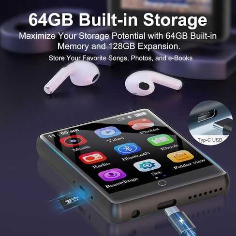 2.8" Touch Screen 64GB MP3 Player with Bluetooth Music Player HiFi Sound | Lossless MP3 Player Bluetooth 5.3 Built-in Speaker,FM Radio,Voice Recorder ,Earphone Included for Kids Sport Runner Travel ﻿ in Saudi Arabia