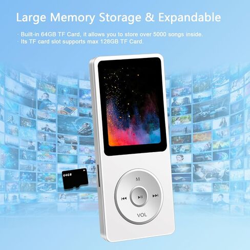 Bluetooth MP3 Player with 64GB TF Card, Skybess MP3 Music Players with Speaker, Mini MP3 Media Player with Video/FM Raido/Alarm/Shuffle Playback, up to 128GB Memory Storage, Including Earphones in Saudi Arabia