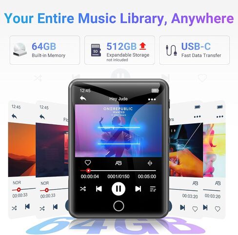 MECHEN 64GB Bluetooth 5.3 MP3 Player 2.4" Touch Screen Gray | Portable digital player delivers HiFi lossless audio, supports FM radio and line-in recording, TF card expandable up to 128GB in Kuwait