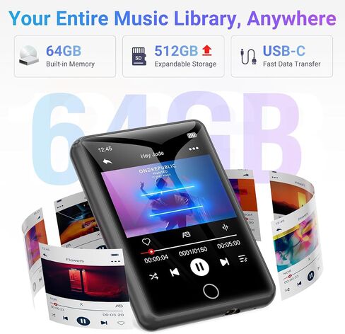 MECHEN 64GB Bluetooth 5.3 MP3 Player 2.4" Touch Screen Gray | Portable digital player delivers HiFi lossless audio, supports FM radio and line-in recording, TF card expandable up to 128GB in Kuwait