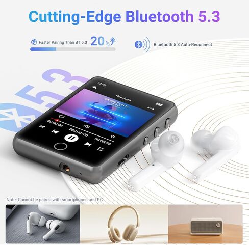 MECHEN 64GB Bluetooth 5.3 MP3 Player 2.4" Touch Screen Gray | Portable digital player delivers HiFi lossless audio, supports FM radio and line-in recording, TF card expandable up to 128GB in Kuwait
