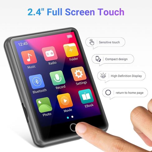 MECHEN 64GB Bluetooth 5.3 MP3 Player 2.4" Touch Screen Gray | Portable digital player delivers HiFi lossless audio, supports FM radio and line-in recording, TF card expandable up to 128GB in Kuwait