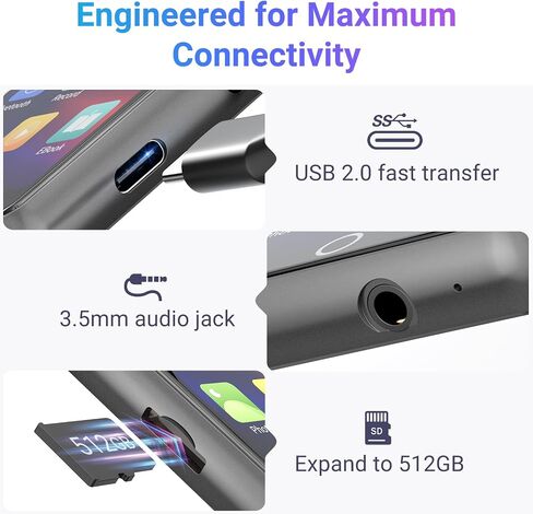 MECHEN 64GB Bluetooth 5.3 MP3 Player 2.4" Touch Screen Gray | Portable digital player delivers HiFi lossless audio, supports FM radio and line-in recording, TF card expandable up to 128GB in Kuwait