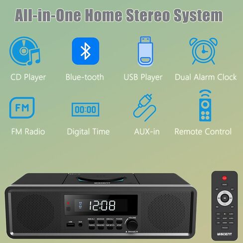 WISCENT Home Stereo System CD Player,Clear 20W RMS Sound System with FM Radio,Bluetooth,USB,MP3,AUX,Digital Dual Alarm Clock,CD-R/CD-RW/MP3/WMA Playback, Black in Saudi Arabia