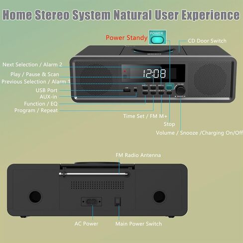 WISCENT Home Stereo System CD Player,Clear 20W RMS Sound System with FM Radio,Bluetooth,USB,MP3,AUX,Digital Dual Alarm Clock,CD-R/CD-RW/MP3/WMA Playback, Black in Saudi Arabia