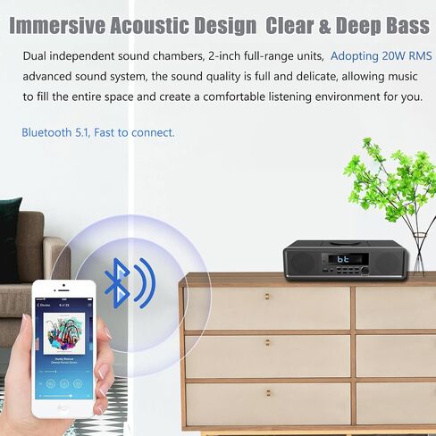 WISCENT Home Stereo System CD Player,Clear 20W RMS Sound System with FM Radio,Bluetooth,USB,MP3,AUX,Digital Dual Alarm Clock,CD-R/CD-RW/MP3/WMA Playback, Black in Saudi Arabia
