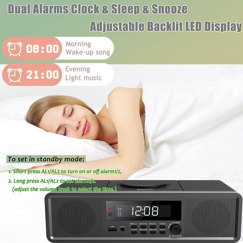WISCENT Home Stereo System CD Player,Clear 20W RMS Sound System with FM Radio,Bluetooth,USB,MP3,AUX,Digital Dual Alarm Clock,CD-R/CD-RW/MP3/WMA Playback, Black in Saudi Arabia