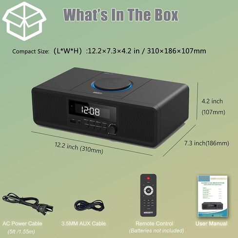 WISCENT Home Stereo System CD Player,Clear 20W RMS Sound System with FM Radio,Bluetooth,USB,MP3,AUX,Digital Dual Alarm Clock,CD-R/CD-RW/MP3/WMA Playback, Black in Saudi Arabia