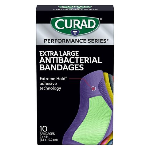 CURAD® Performance Series® Extra Large Antibacterial Bandages, Box of 10 | 2 in x 4 in Flexible Fabric Bandages for Cuts, Scrapes & Burns, Assorted Colors, Extreme Hold Adhesive Technology in Saudi Arabia