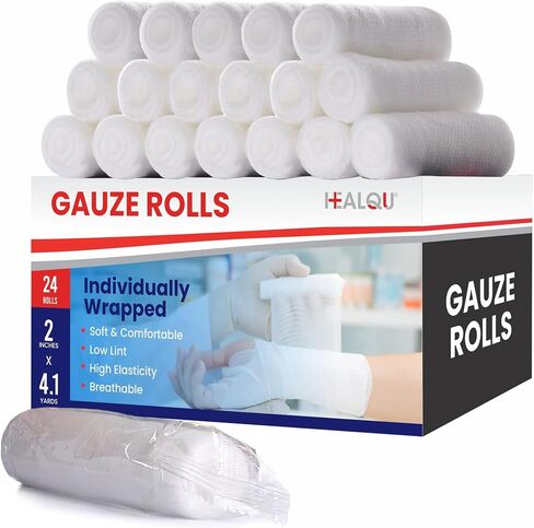 HEALQU Premium Gauze Rolls - 4" x 4 Yards - 24 Rolls, Individually Wrapped Conforming Stretch Gauze Bandage - Super Soft Woven Stretch Bandages for Primary Wound Dressing Support in Kuwait