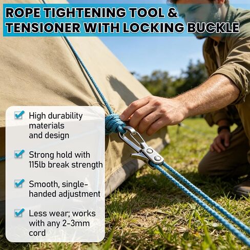6 Pack Rope with Roller Tensioner, Knot-Free Guy Line Buckle for Camping | No-Knot Press-Lever Design;Stainless Steel Shaft, 300kg Load,3m Per Rope;Fits Backpacks,Toolboxes,Vehicles in Saudi Arabia