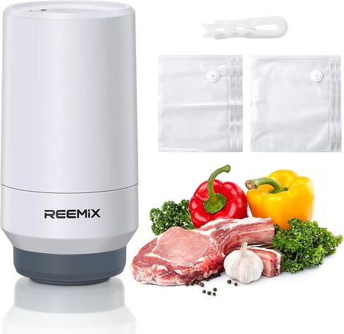 Reemix Handheld Vacuum Sealer Machine with 10 Reusable Bags | (10"x13.8" & 11.8"x13.5"), Wireless Rechargeable Food Sealer for Sous Vide, Meal Prep, BPA-Free, Portable & Space-Saving in Saudi Arabia