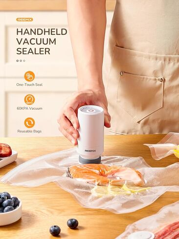 Reemix Handheld Vacuum Sealer Machine with 10 Reusable Bags | (10"x13.8" & 11.8"x13.5"), Wireless Rechargeable Food Sealer for Sous Vide, Meal Prep, BPA-Free, Portable & Space-Saving in Saudi Arabia