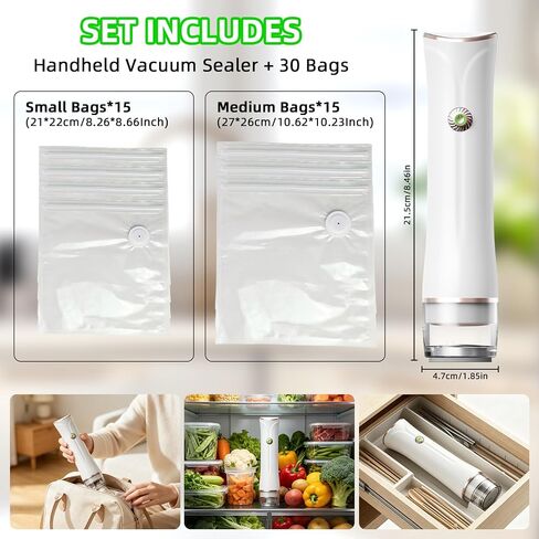 Handheld Vacuum Sealer Machine with 30Pcs Reusable Bags Food Saver Kit | 60kPa Compact Food Sealer Machine for Dry/Moist Food Storage, Rechargeable Bag Sealer for Meal Prep, Camping & Travel in Saudi Arabia