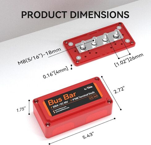 LiTime 300A Bus Bar Power Distribution Block, 4 × M8 Studs, Red and Black | Max. 48V DC, Designed for Automotive/Marine Electrical Systems/RV/Home Energy Storage, Supports LiFePO4 & Lead Acid Battery in Saudi Arabia