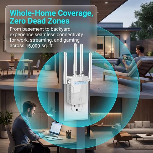 WiFi Extender Signal Booster for Home Office,WiFi Repeater Dual-Band 2.4GHz 5GHz Wireless Amplifier,Ethernet Port,Supports 90+ Devices,Mesh Compatible,Whole Home WiFi Up to15000 Sq.ft in Saudi Arabia