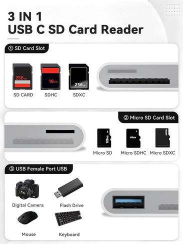 USB C SD Card Reader High-Speed 3-in-1 USB 3.0 Adapter | for Micro SD/TF Memory Cards, Work with MacBook Pro/Air, Pad, Android Phone, Tablet & Windows Laptop in Saudi Arabia