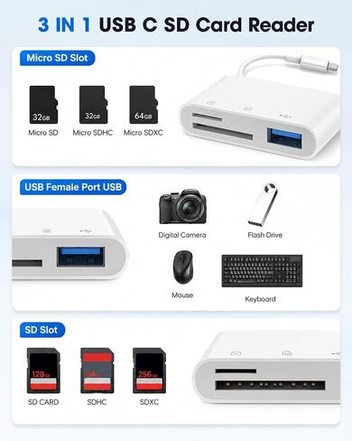 USB C SD Card Reader 3-in-1 High-Speed USB 3.0 Adapter | Supports SD & Micro SD (TF) Cards for Android Phones, Windows PCs & USB-C Laptops in Saudi Arabia