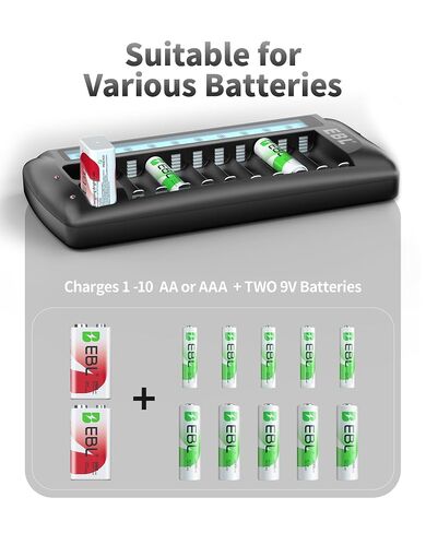 EBL 12-Bay LCD Battery Charger for AA, AAA and 9V Rechargeable Batteries | Multi-Battery Charging Station with 10 Standard AA AAA Slots and 2 9V Slots in Kuwait