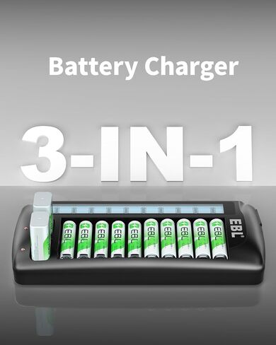EBL 12-Bay LCD Battery Charger for AA, AAA and 9V Rechargeable Batteries | Multi-Battery Charging Station with 10 Standard AA AAA Slots and 2 9V Slots in Kuwait