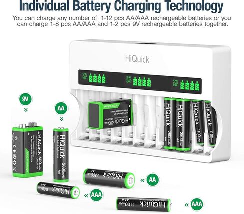 HiQuick Battery Charger for AA AAA 9V NI-MH Rechargeable Batteries | 12 independent slots, charges AA AAA 9V NiMH/NiCD,quick charge in 3h, LCD display,built-in AC plug,smart detectio in Saudi Arabia