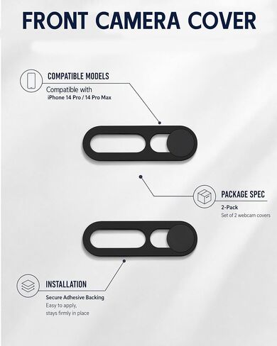 2 Pcs Front Camera Cover Compatible with iPhone 14 Pro, 14 Pro Max | Camera Cover Slide, Not Affect Face Recognition for Privacy and Safety - Black in Saudi Arabia