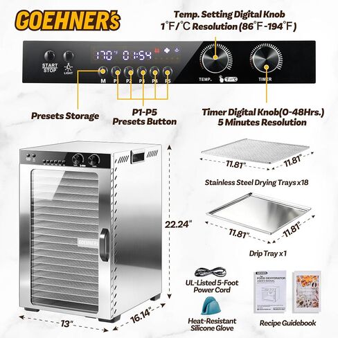 Food Dehydrator Machine 18 Stainless Steel Trays, 18ft² Meat Dehydrator for Jerky Up to 194°F Temperature Control and 5 Presets and 48H Timer, 1000W Food Dryer for Dog Treats, Herbs, Fruit and Veggies in Kuwait