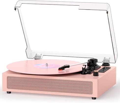 VINYLSLINK Bluetooth Record Player with Built-in Speakers, USB Recording | Pink Vinyl Player, 3-Speed Turntable, 3-Size Playback, Auto Stop, EQ Modes, LED Display, AUX In, RCA Out, Headphone Jack in Saudi Arabia