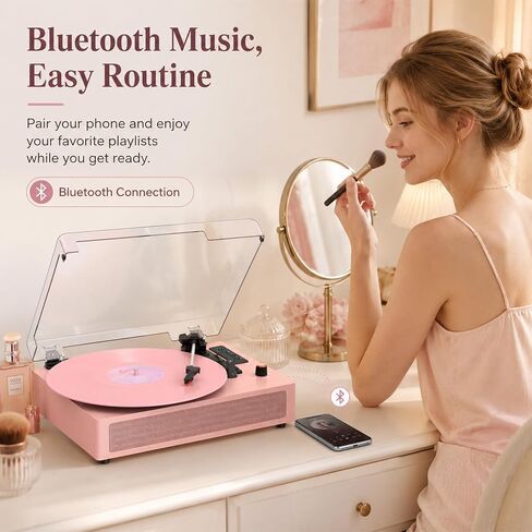 VINYLSLINK Bluetooth Record Player with Built-in Speakers, USB Recording | Pink Vinyl Player, 3-Speed Turntable, 3-Size Playback, Auto Stop, EQ Modes, LED Display, AUX In, RCA Out, Headphone Jack in Saudi Arabia