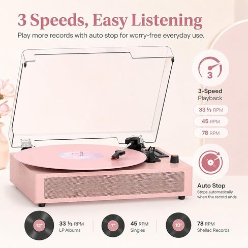 VINYLSLINK Bluetooth Record Player with Built-in Speakers, USB Recording | Pink Vinyl Player, 3-Speed Turntable, 3-Size Playback, Auto Stop, EQ Modes, LED Display, AUX In, RCA Out, Headphone Jack in Saudi Arabia