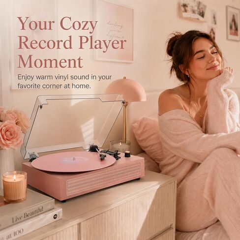 VINYLSLINK Bluetooth Record Player with Built-in Speakers, USB Recording | Pink Vinyl Player, 3-Speed Turntable, 3-Size Playback, Auto Stop, EQ Modes, LED Display, AUX In, RCA Out, Headphone Jack in Saudi Arabia