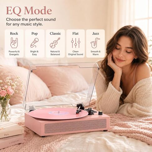 VINYLSLINK Bluetooth Record Player with Built-in Speakers, USB Recording | Pink Vinyl Player, 3-Speed Turntable, 3-Size Playback, Auto Stop, EQ Modes, LED Display, AUX In, RCA Out, Headphone Jack in Saudi Arabia