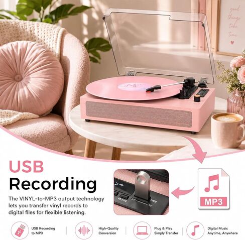 VINYLSLINK Bluetooth Record Player with Built-in Speakers, USB Recording | Pink Vinyl Player, 3-Speed Turntable, 3-Size Playback, Auto Stop, EQ Modes, LED Display, AUX In, RCA Out, Headphone Jack in Saudi Arabia