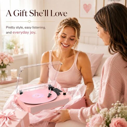 VINYLSLINK Bluetooth Record Player with Built-in Speakers, USB Recording | Pink Vinyl Player, 3-Speed Turntable, 3-Size Playback, Auto Stop, EQ Modes, LED Display, AUX In, RCA Out, Headphone Jack in Saudi Arabia