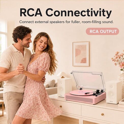VINYLSLINK Bluetooth Record Player with Built-in Speakers, USB Recording | Pink Vinyl Player, 3-Speed Turntable, 3-Size Playback, Auto Stop, EQ Modes, LED Display, AUX In, RCA Out, Headphone Jack in Saudi Arabia