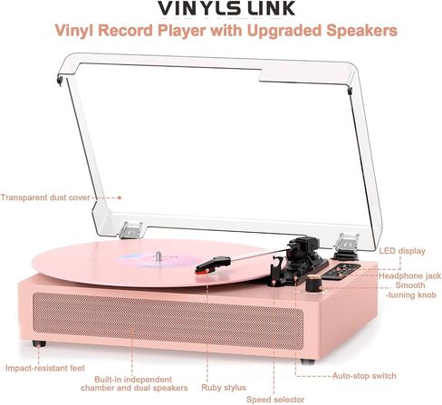 VINYLSLINK Bluetooth Record Player with Built-in Speakers, USB Recording | Pink Vinyl Player, 3-Speed Turntable, 3-Size Playback, Auto Stop, EQ Modes, LED Display, AUX In, RCA Out, Headphone Jack in Saudi Arabia