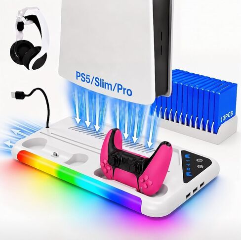 حامل PS5/Slim/Pro للأقراص ووحدة التحكم الرقمية | محطة شحن وحدة التحكم، ضوء RGB ومحطة تبريد 3 مستويات، حامل سماعة رأس ملحقات PS5، حامل بطاقة الألعاب in Kuwait