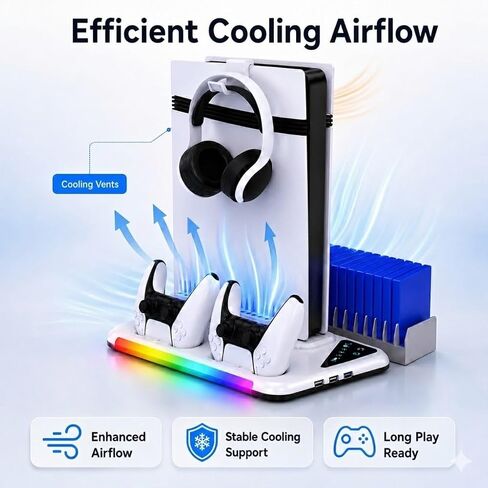 حامل PS5/Slim/Pro للأقراص ووحدة التحكم الرقمية | محطة شحن وحدة التحكم، ضوء RGB ومحطة تبريد 3 مستويات، حامل سماعة رأس ملحقات PS5، حامل بطاقة الألعاب in Kuwait