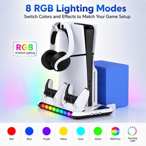 حامل PS5/Slim/Pro للأقراص ووحدة التحكم الرقمية | محطة شحن وحدة التحكم، ضوء RGB ومحطة تبريد 3 مستويات، حامل سماعة رأس ملحقات PS5، حامل بطاقة الألعاب in Kuwait