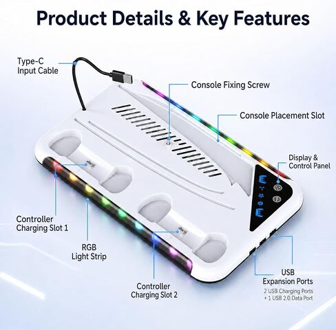 حامل PS5/Slim/Pro للأقراص ووحدة التحكم الرقمية | محطة شحن وحدة التحكم، ضوء RGB ومحطة تبريد 3 مستويات، حامل سماعة رأس ملحقات PS5، حامل بطاقة الألعاب in Kuwait