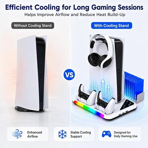 حامل PS5/Slim/Pro للأقراص ووحدة التحكم الرقمية | محطة شحن وحدة التحكم، ضوء RGB ومحطة تبريد 3 مستويات، حامل سماعة رأس ملحقات PS5، حامل بطاقة الألعاب in Kuwait