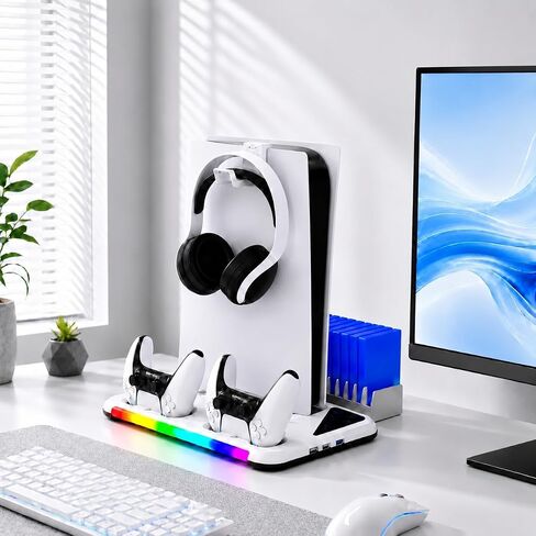 حامل PS5/Slim/Pro للأقراص ووحدة التحكم الرقمية | محطة شحن وحدة التحكم، ضوء RGB ومحطة تبريد 3 مستويات، حامل سماعة رأس ملحقات PS5، حامل بطاقة الألعاب in Kuwait