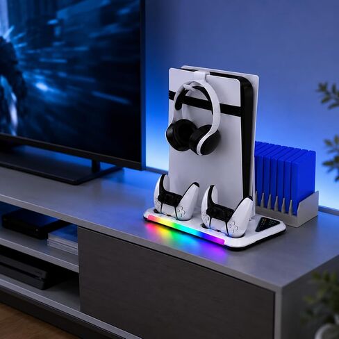 حامل PS5/Slim/Pro للأقراص ووحدة التحكم الرقمية | محطة شحن وحدة التحكم، ضوء RGB ومحطة تبريد 3 مستويات، حامل سماعة رأس ملحقات PS5، حامل بطاقة الألعاب in Kuwait