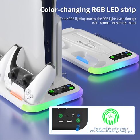 PS5 Slim/Pro Stand with 3 Level Cooling Fans, Dual Controller Charging Station & 2 USB Ports, RGB LED Light Console Stand in Saudi Arabia