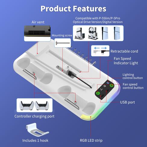 PS5 Slim/Pro Stand with 3 Level Cooling Fans, Dual Controller Charging Station & 2 USB Ports, RGB LED Light Console Stand in Saudi Arabia
